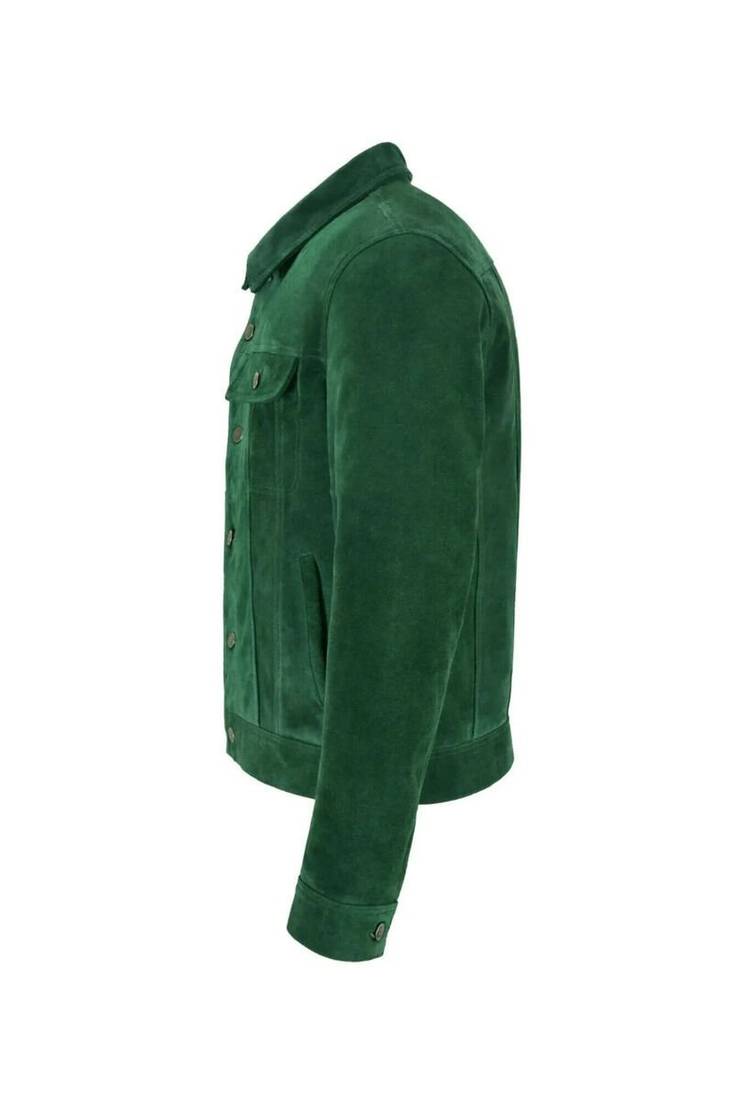 Men's green suede leather fashion outerwear button moto jacket
