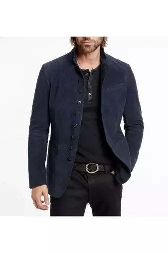 Men's suede leather navy blue casual button style  coat jacket