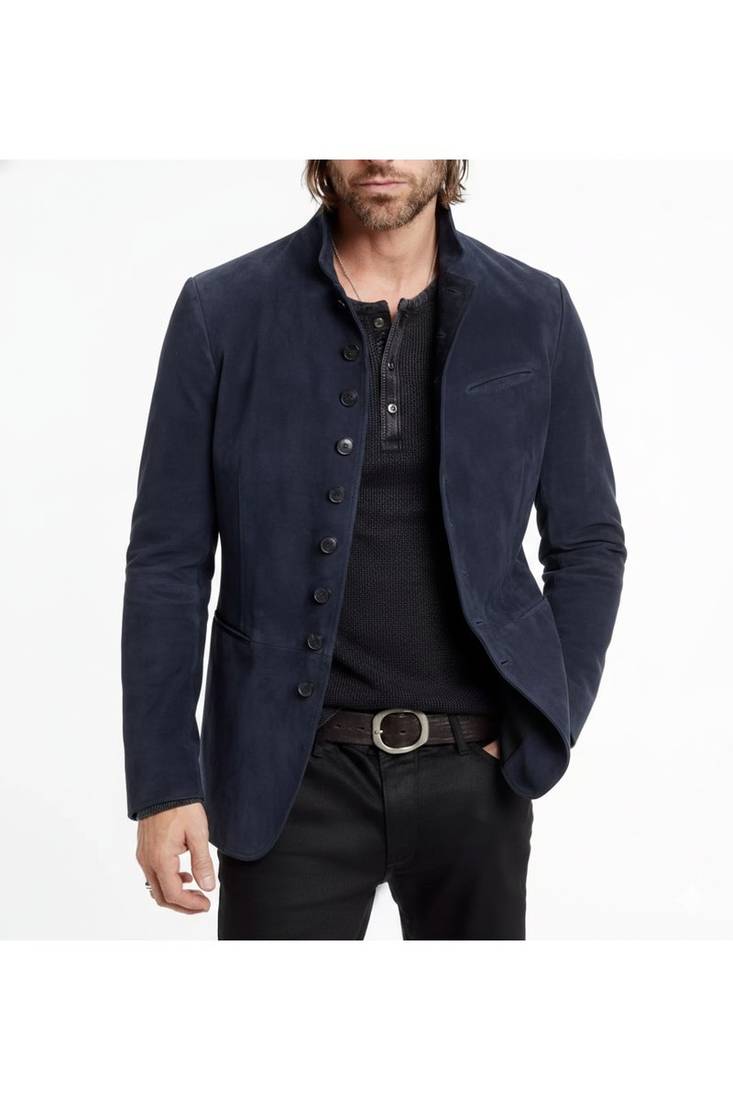Men's suede leather navy blue casual button style  coat jacket
