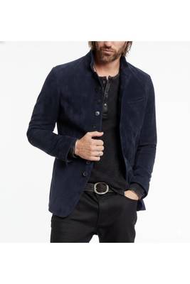 Men's suede leather navy blue casual button style  coat jacket 2