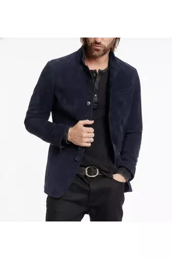 Men's suede leather navy blue casual button style  coat jacket