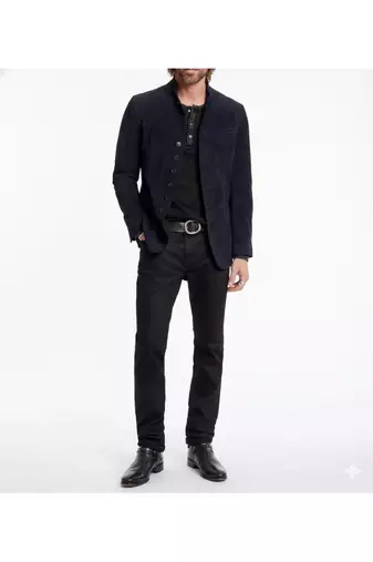Men's suede leather navy blue casual button style  coat jacket
