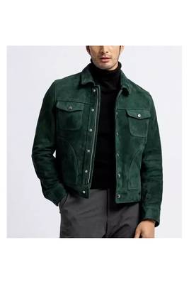 Men's green leather modern fit button style shirt jacket 1