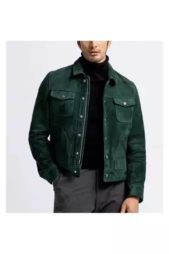 Men's green leather modern fit button style shirt jacket