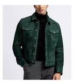 Men's green leather modern fit button style shirt jacket
