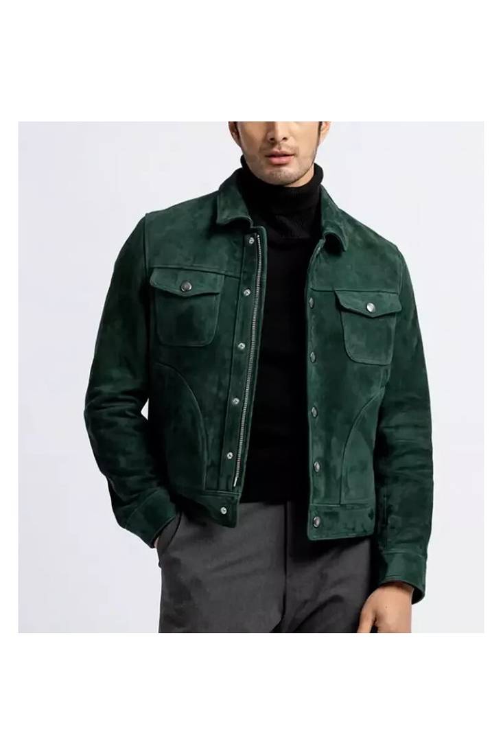 Men's green leather modern fit button style shirt jacket