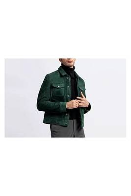 Men's green leather modern fit button style shirt jacket 2