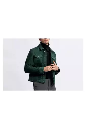 Men's green leather modern fit button style shirt jacket
