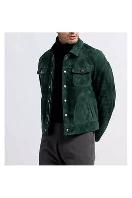 Men's green leather modern fit button style shirt jacket 3