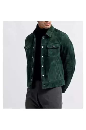 Men's green leather modern fit button style shirt jacket