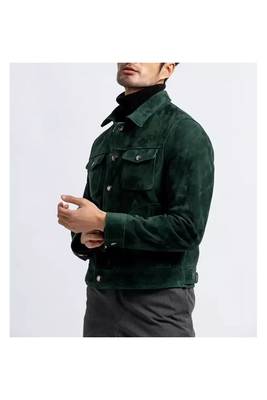 Men's green leather modern fit button style shirt jacket 4