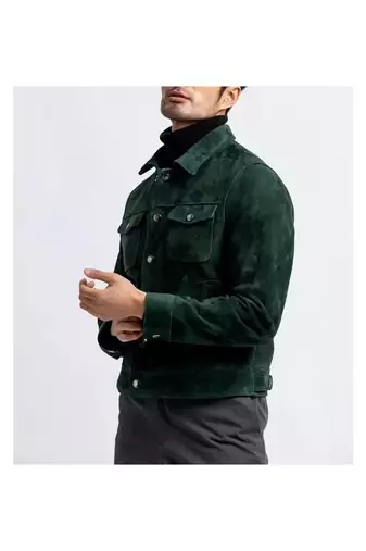 Men's green leather modern fit button style shirt jacket