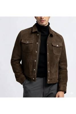 Men's brown suede leather handcrafted button style trucker jacket 1