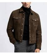 Men's brown suede leather handcrafted button style trucker jacket