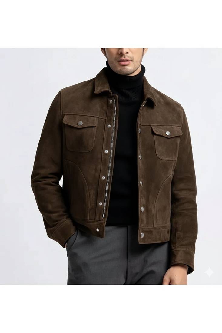 Men's brown suede leather handcrafted button style trucker jacket