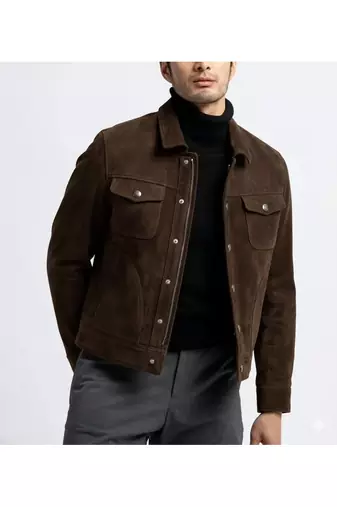 Men's brown suede leather handcrafted button style trucker jacket