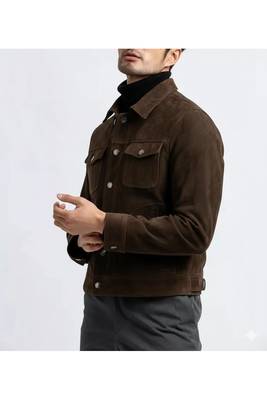 Men's brown suede leather handcrafted button style trucker jacket 3