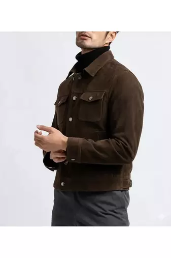Men's brown suede leather handcrafted button style trucker jacket