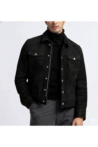 Men's black suede leather tailored look button style jacket