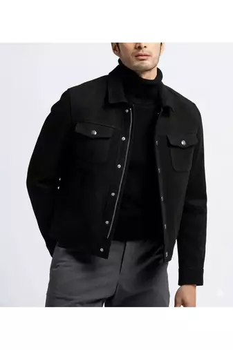 Men's black suede leather tailored look button style jacket