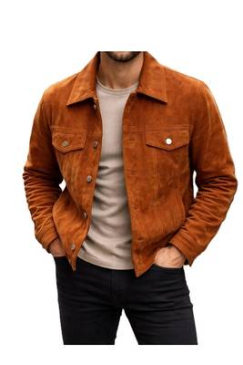 Men's brown suede leather street style trucker jacket 1