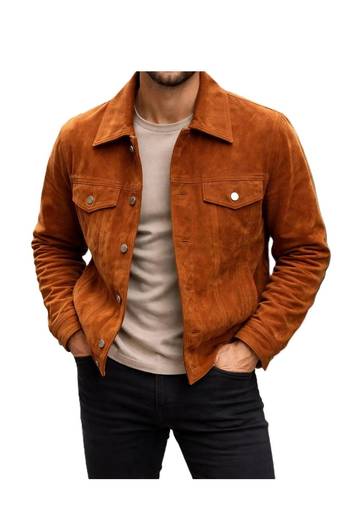 Men's brown suede leather street style trucker jacket