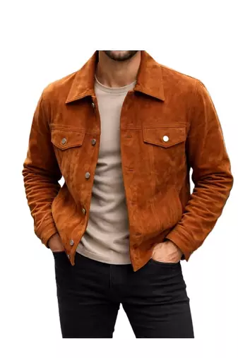 Men's brown suede leather street style trucker jacket