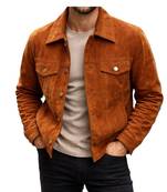 Men's brown suede leather street style trucker jacket