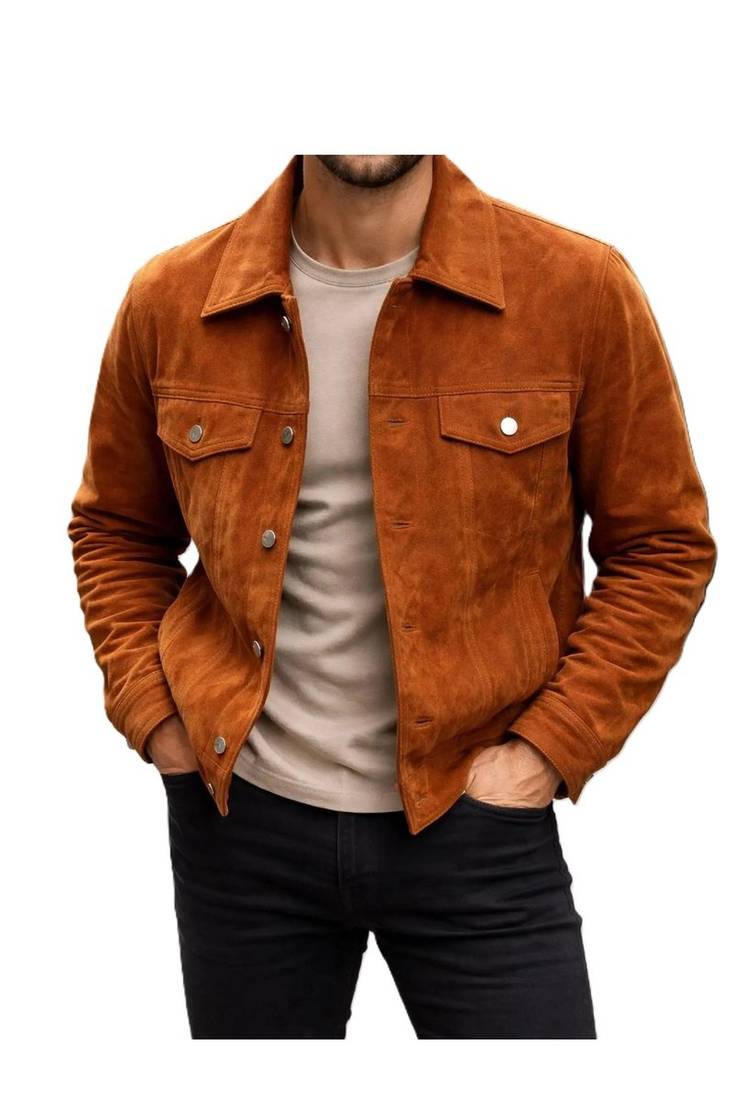 Men's brown suede leather street style trucker jacket