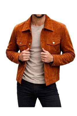 Men's brown suede leather street style trucker jacket 2