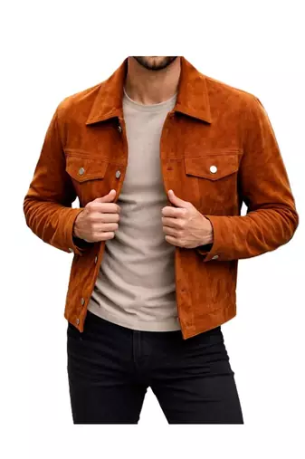 Men's brown suede leather street style trucker jacket
