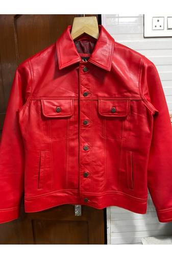 Men's red lambskin leather motorcycle style trucker jacket