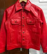 Men's red lambskin leather motorcycle style trucker jacket