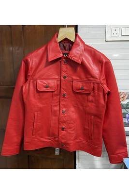 Men's red lambskin leather motorcycle style trucker jacket 2