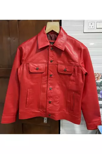 Men's red lambskin leather motorcycle style trucker jacket