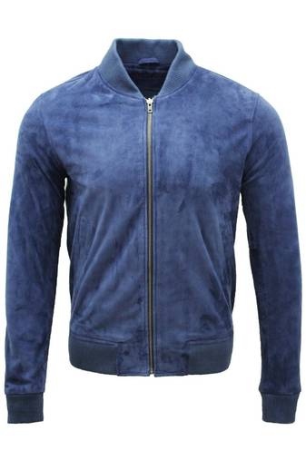 Men's navy blue suede leather minimal design bomber jacket