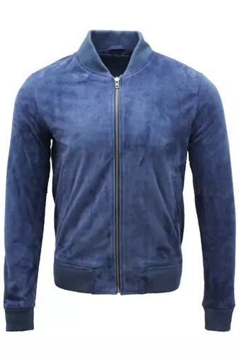 Men's navy blue suede leather minimal design bomber jacket