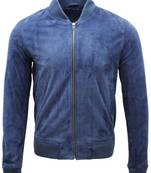 Men's navy blue suede leather minimal design bomber jacket