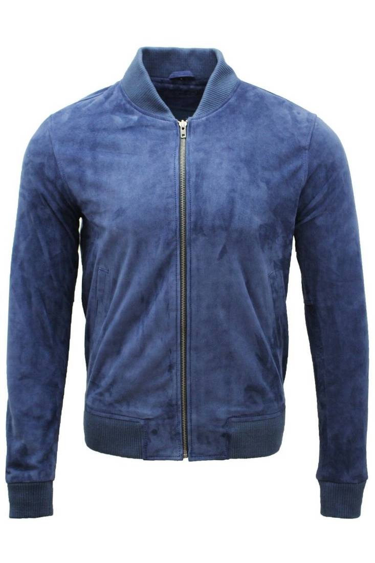 Men's navy blue suede leather minimal design bomber jacket