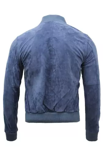 Men's navy blue suede leather minimal design bomber jacket