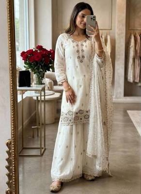 white color thread and sequin embroidery silk blend kurti palazzo set 1