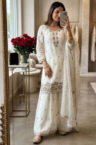 white color thread and sequin embroidery silk blend kurti palazzo set