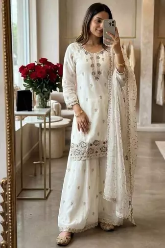 white color thread and sequin embroidery silk blend kurti palazzo set