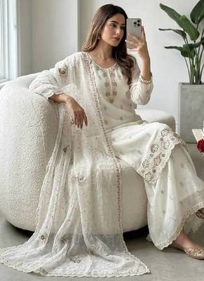 white color thread and sequin embroidery silk blend kurti palazzo set 2