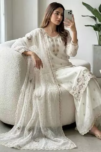 white color thread and sequin embroidery silk blend kurti palazzo set