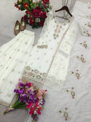 white color thread and sequin embroidery silk blend kurti palazzo set 3