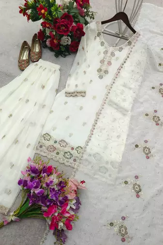 white color thread and sequin embroidery silk blend kurti palazzo set