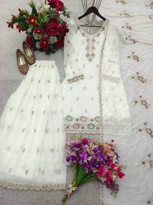 white color thread and sequin embroidery silk blend kurti palazzo set 4
