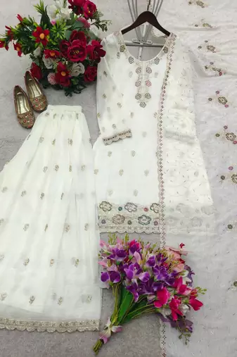 white color thread and sequin embroidery silk blend kurti palazzo set