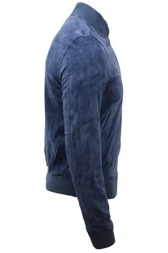 Men's navy blue suede leather minimal design bomber jacket